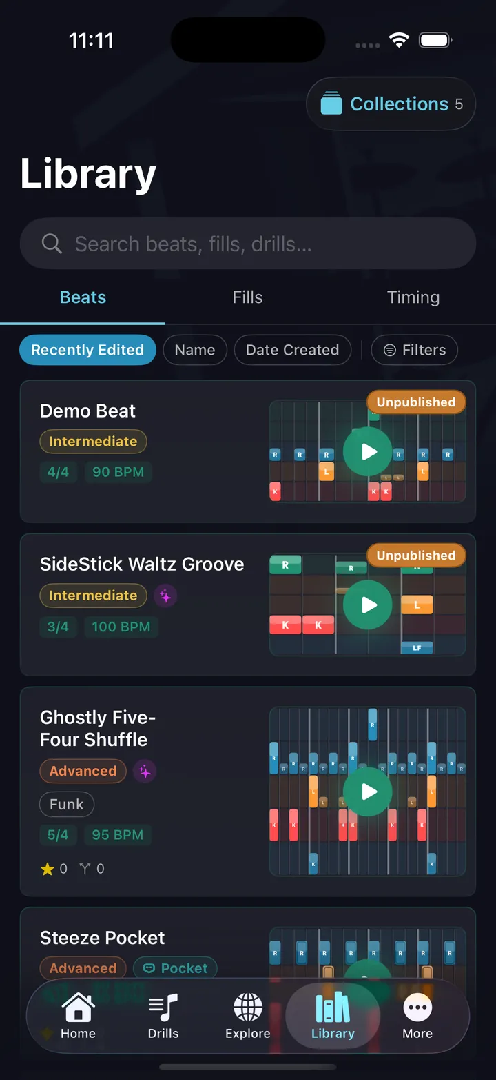The same library in the DrumShed app on an iPhone