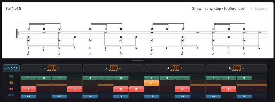 The editor up close: a groove on the staff, and the same groove on the grid with sticking on every note