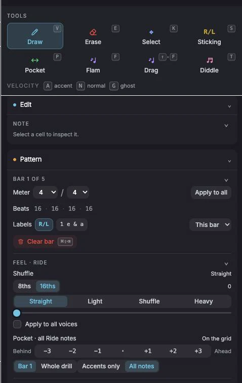 The editor's side panel: Draw, Erase, Select, Sticking, Pocket, Flam, Drag and Diddle tools with their keys, velocity keys, and the bar's meter and feel