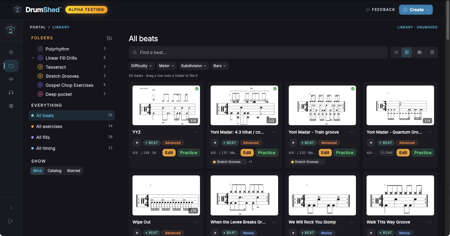The library on the web: folders down the left and beat cards with notation previews