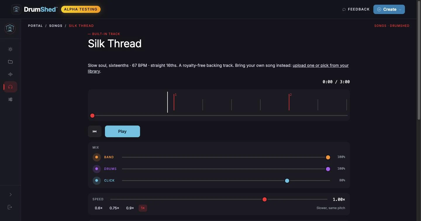 A song open in the player: the beat grid, play controls, and faders for band, drums and click