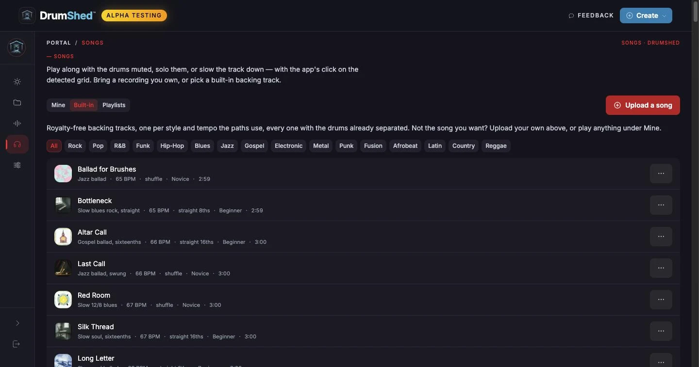 The Songs page: built-in backing tracks with cover art, style, tempo and level, filtered by genre